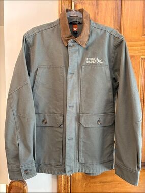 Eddie Bauer Men's Olive Green Workwear Jacket with Brown Cord Collar